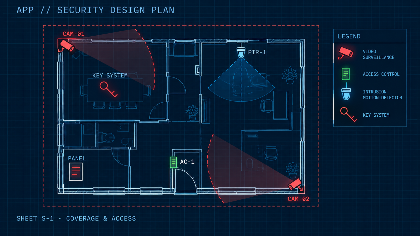 Commercial security design plan showing video surveillance, access control, intrusion detection and key system coverage.